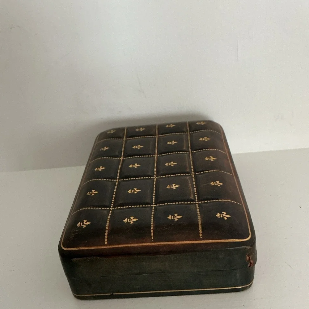 Vtg Italian Leather Jewelry Trinket Box Fleur de lis 5.5